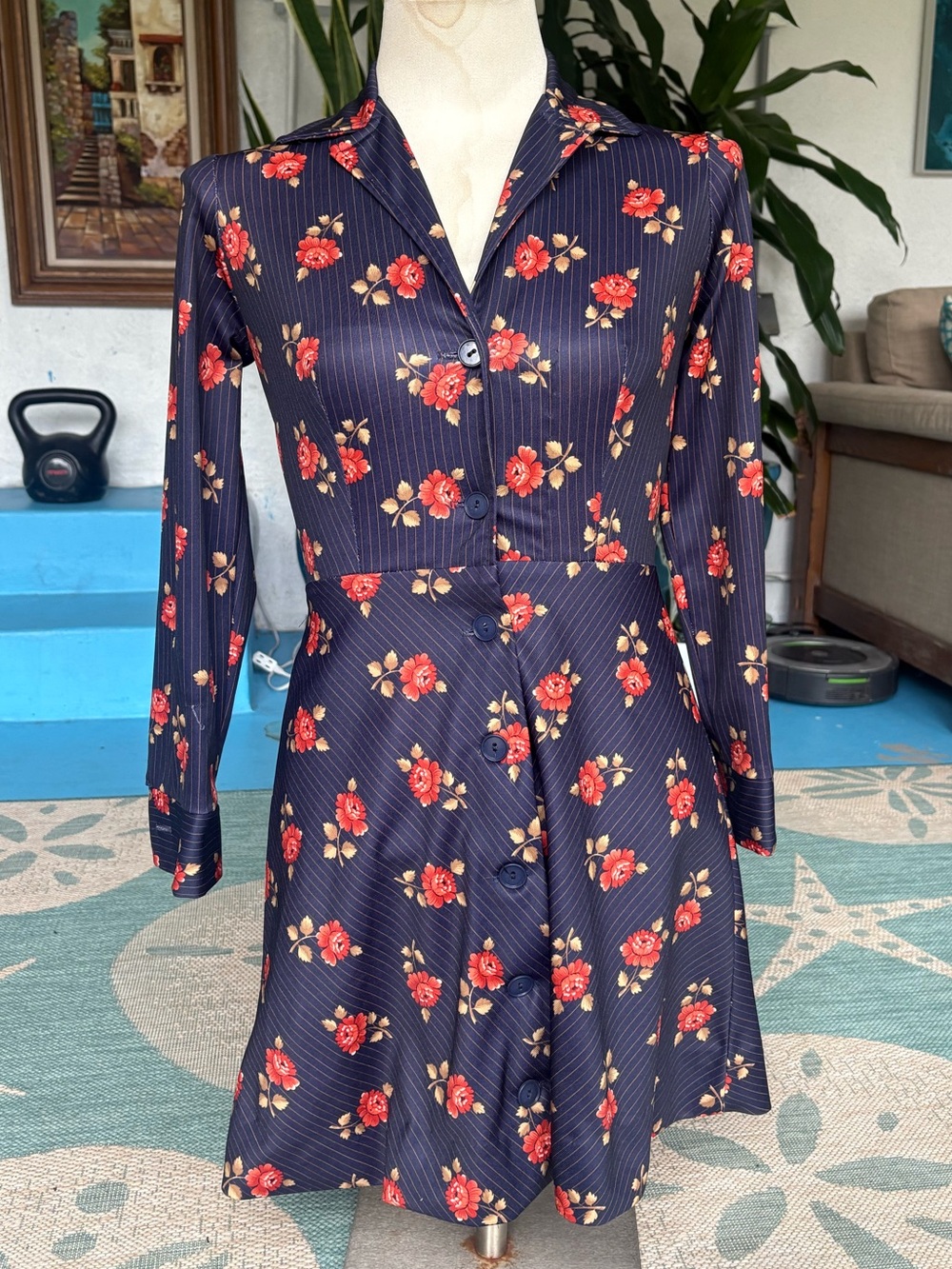 70s Vintage Navy Floral Button-Front Shirt Dress